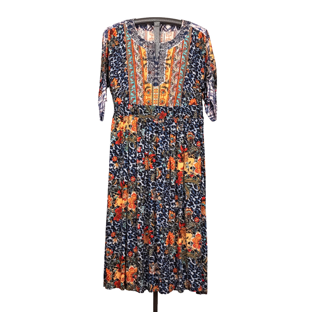 John Mark Colorful Art Dress MEDIUM Floral Animal Print Beaded Embroidered Boho